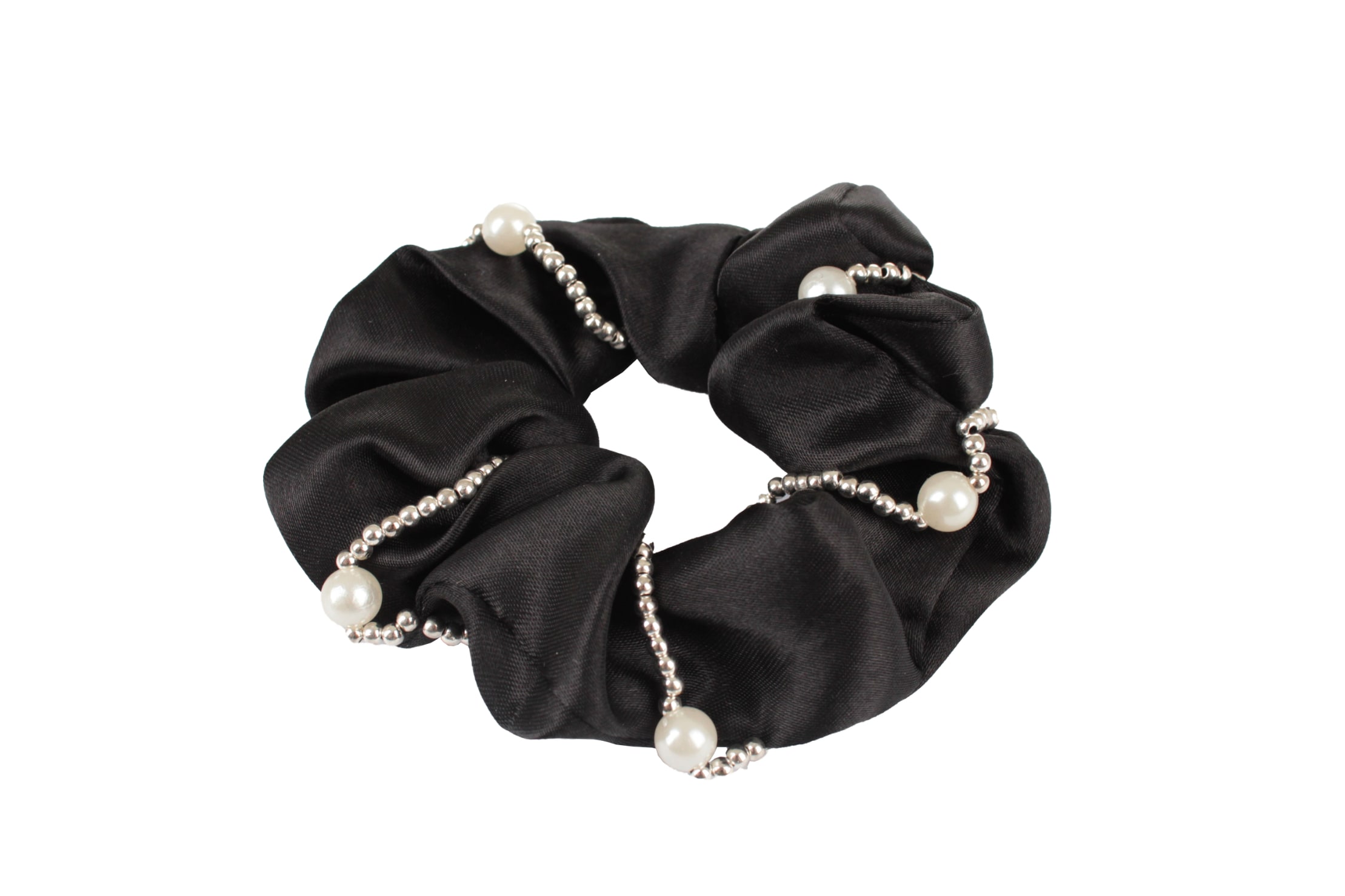 Satin Scrunchie with pearls - Black