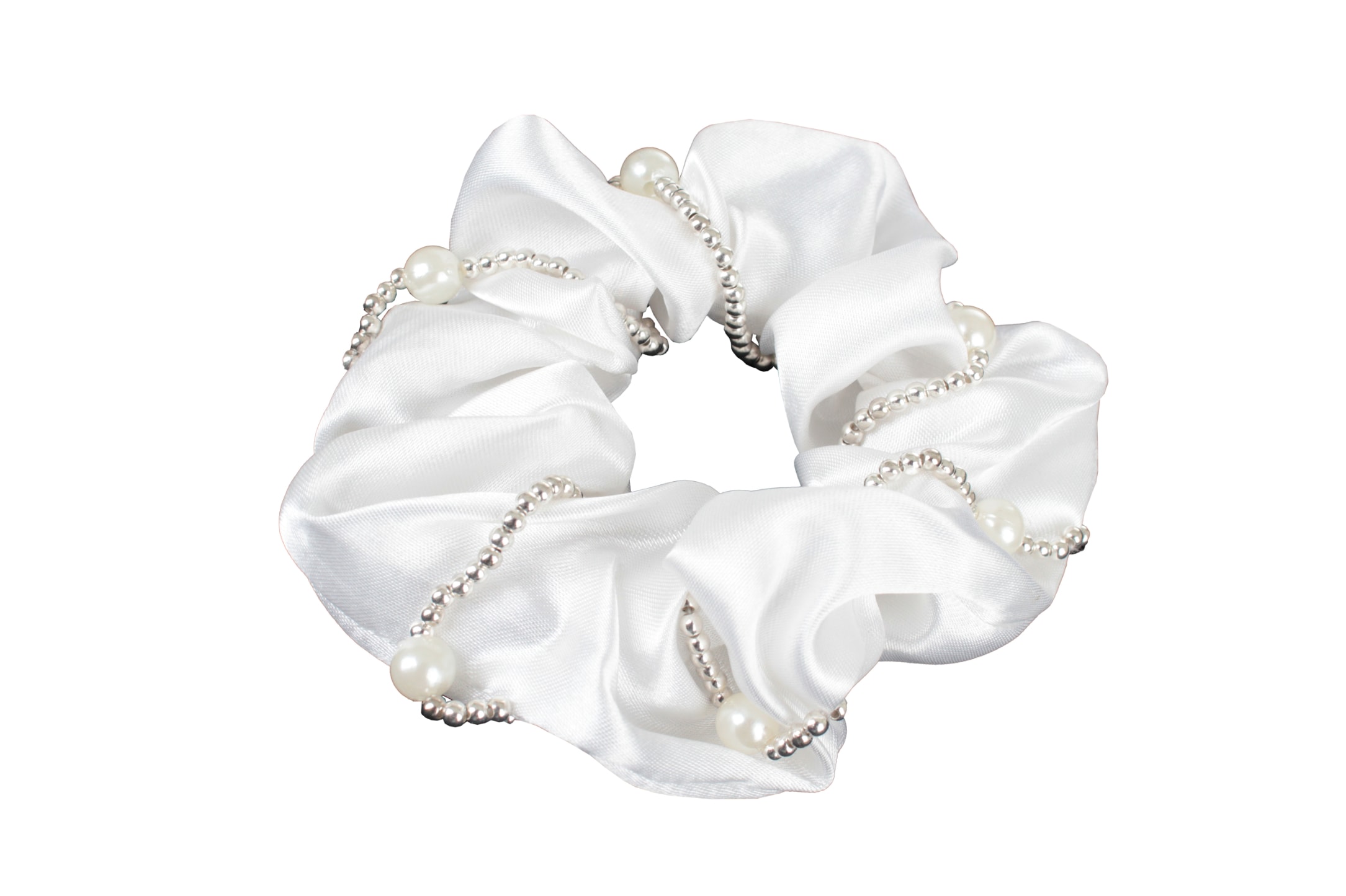 Satin Scrunchie with pearls - white